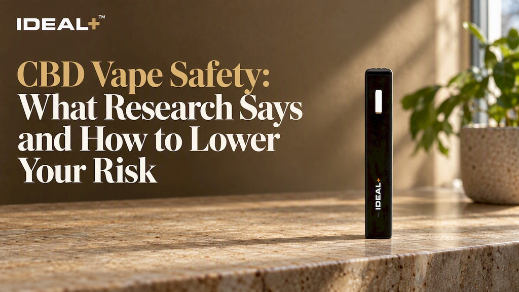 CBD vape pen on a warm stone sideboard