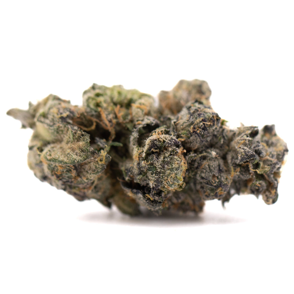 Premium Berry Blast THCa flower: dark green purple bud with rich trichomes