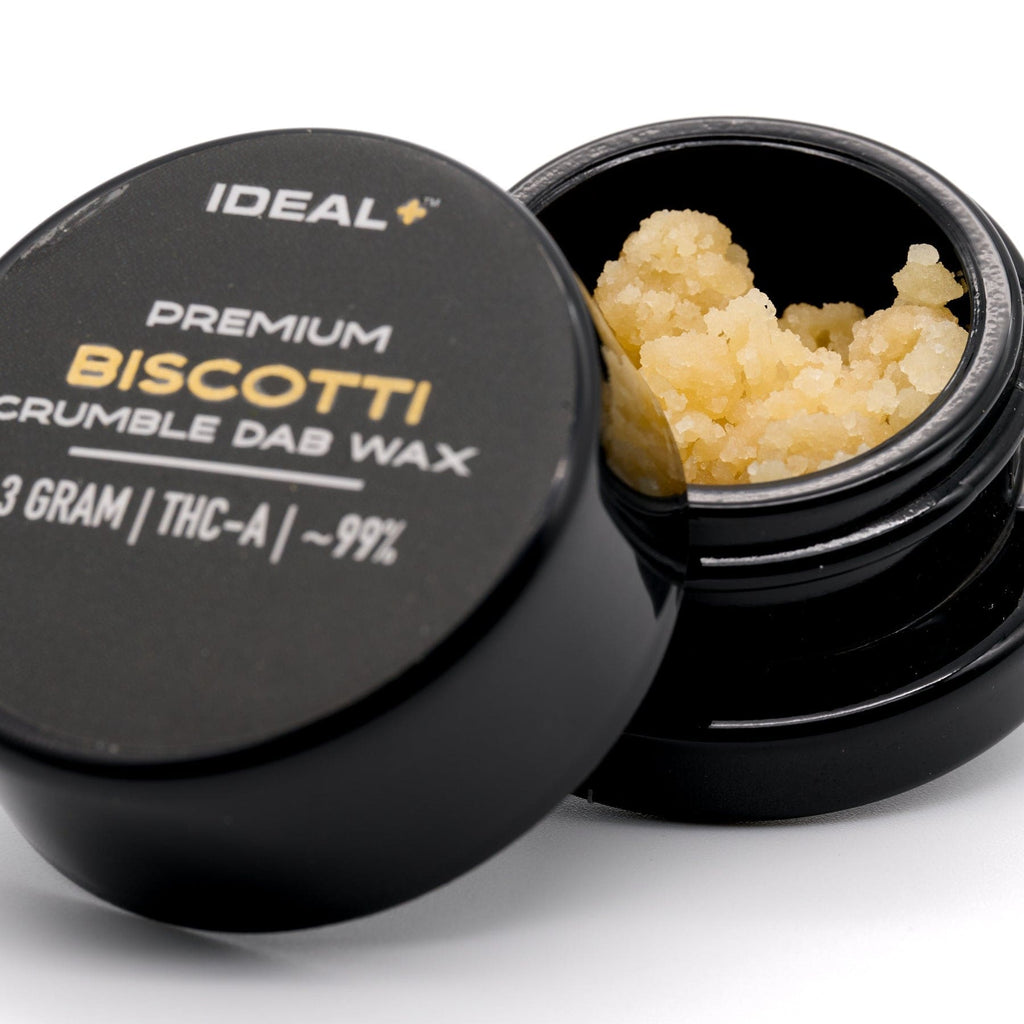 Open container of Biscotti THCa crumble dab wax showcasing 94.67% THCa potency