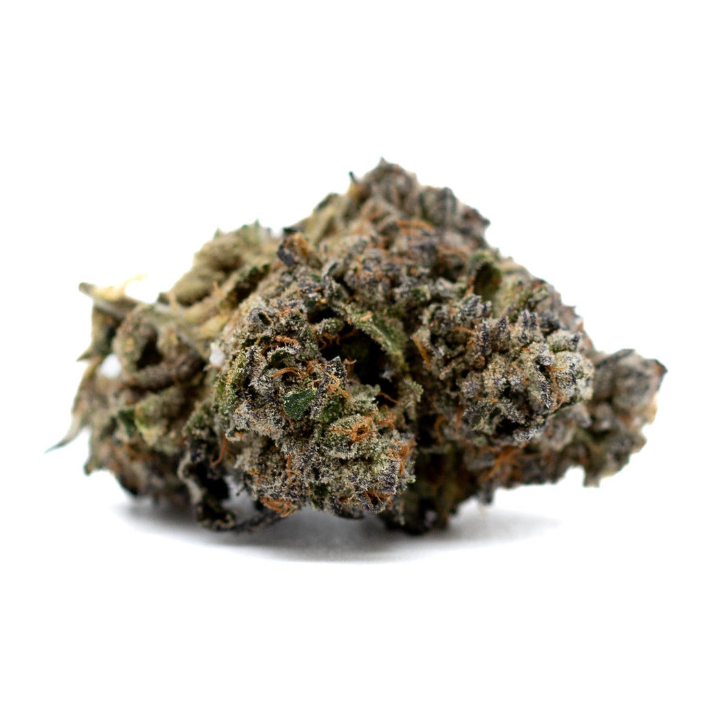 Premium Dark Jokerz indoor THCa flower bud with green-orange hues and frosty trichomes