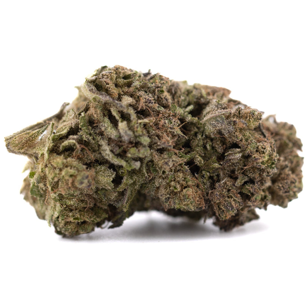 Purple Marmalade THCa hemp flower with green and brown hues covered in trichomes